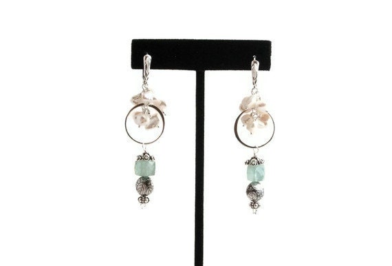 Aquamarine Bridal Earrings with Keishi Pearls and Sterling Silver - Wedding March Ooak
