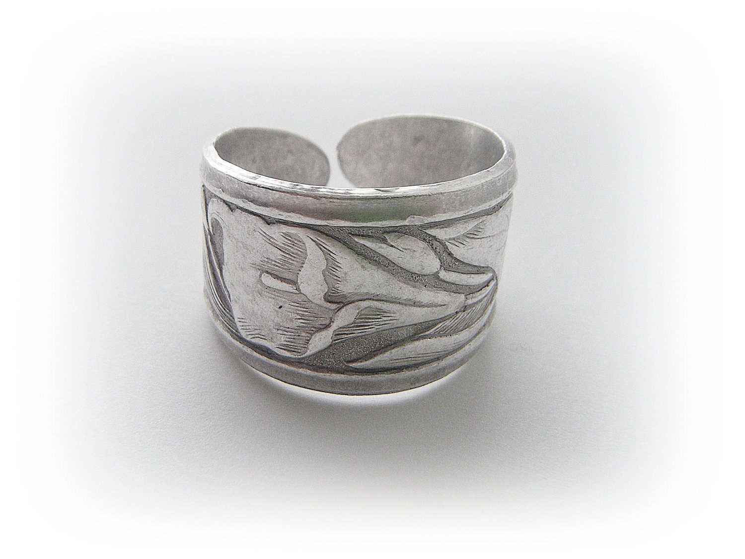 1 - Art Nouveau Calla Lily Flower Ring Adjustable - Antique Silver Brass Jewelry (BD)