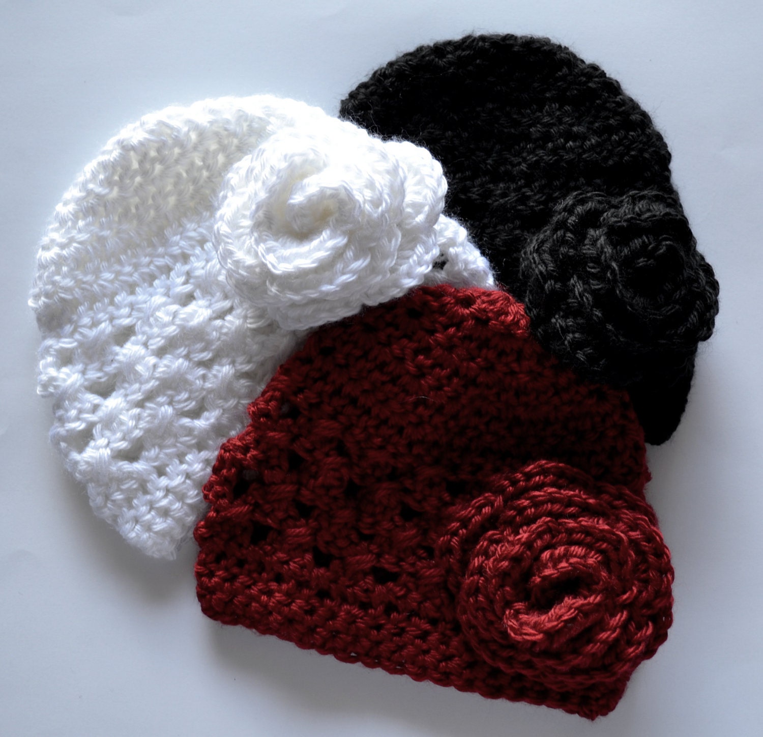 Infant Crochet hat set with interchangeable flower clips. Black, White, Red. Ready To Ship