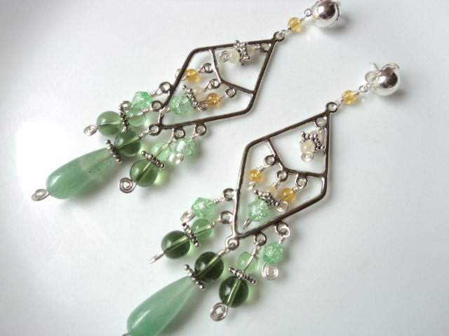 FREE SHIPPING Extra long diva gemstones, glass statement silver earrings. - notchdesigns