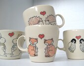 Wedding Gift- Engagement Gift- Set of Four Handmade to Order Ceramic Mugs-  Animals in Love
