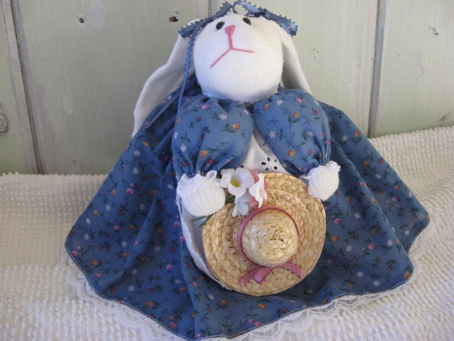 White Sock Bunny with Blue Print Dress Blue and Rose Ribbons