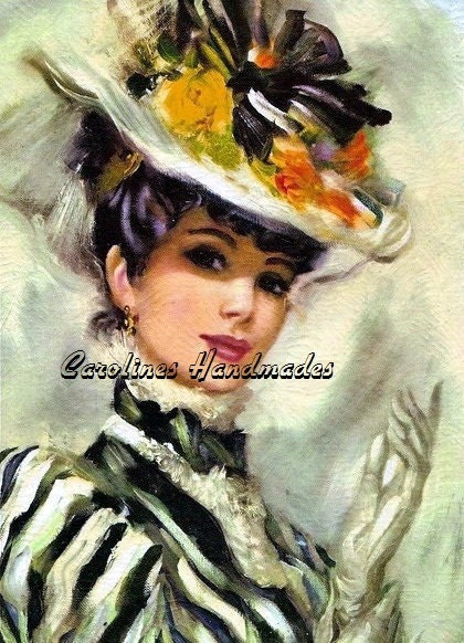 Big Hat Lady Reproduction Cotton Fabric Art Print 5X7" Inches NEW Applique