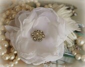 White Bridal Fascinator, Bridal Hair Flower, Wedding Headpiece, Feather Fascinator, Rhinestone, Comb