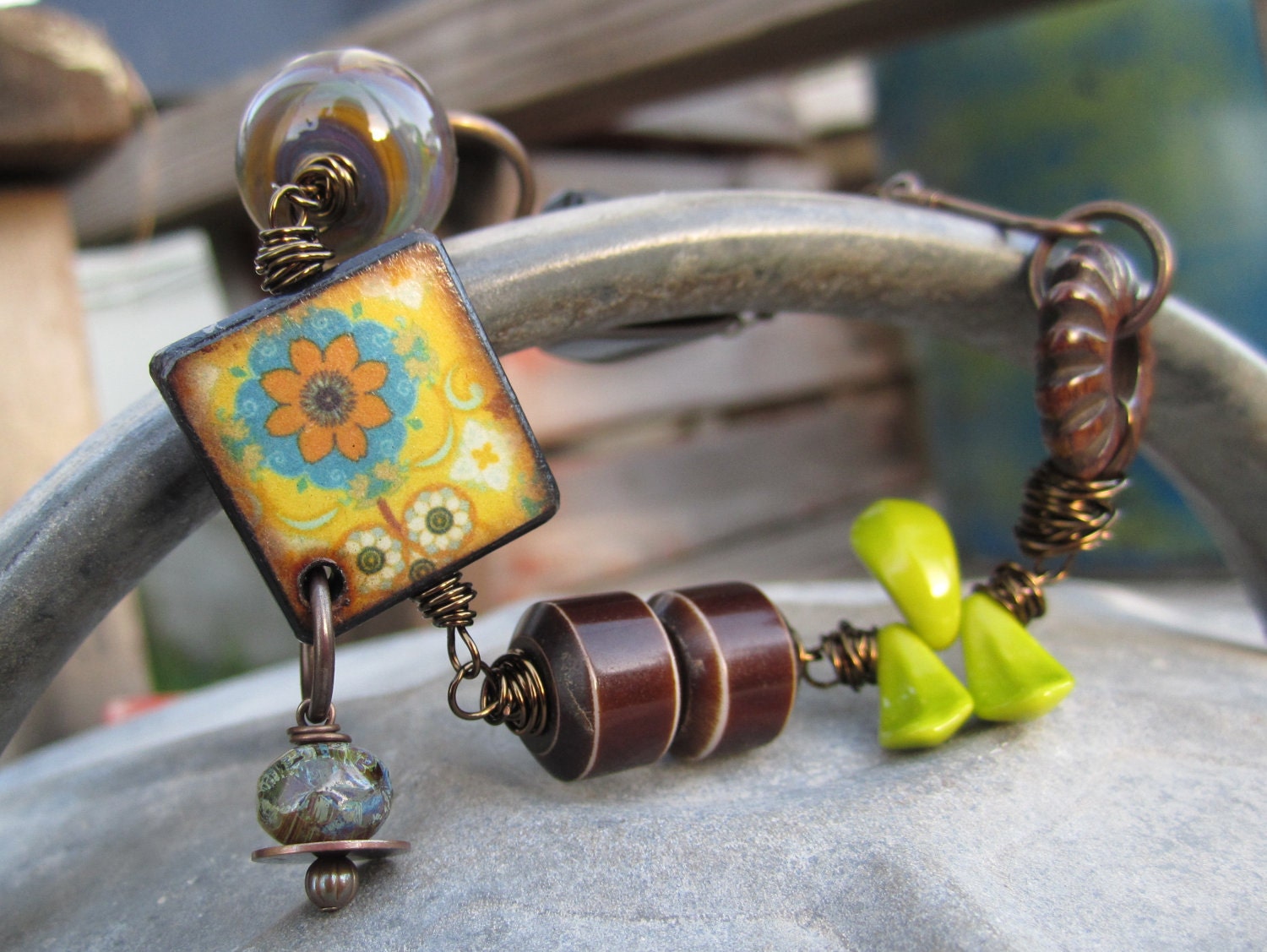 Chupacabra - Wood Art Tile, Boro Lampwork Bead, Czech Glass, Chunky Resin & Vintaj Natural Brass Bracelet