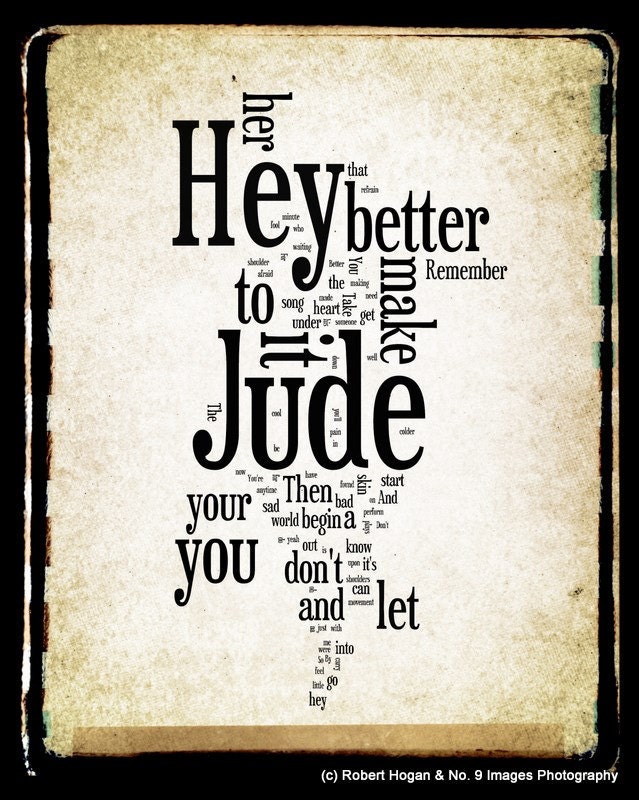 Hey Jude Lyrics - The Beatles Word Art - Word Cloud Art Woodblock Print - Gift Idea