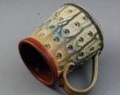 Mug with stamps handmade wheel thrown cinnamon brown blue fern green porcelain by Mark Hudak