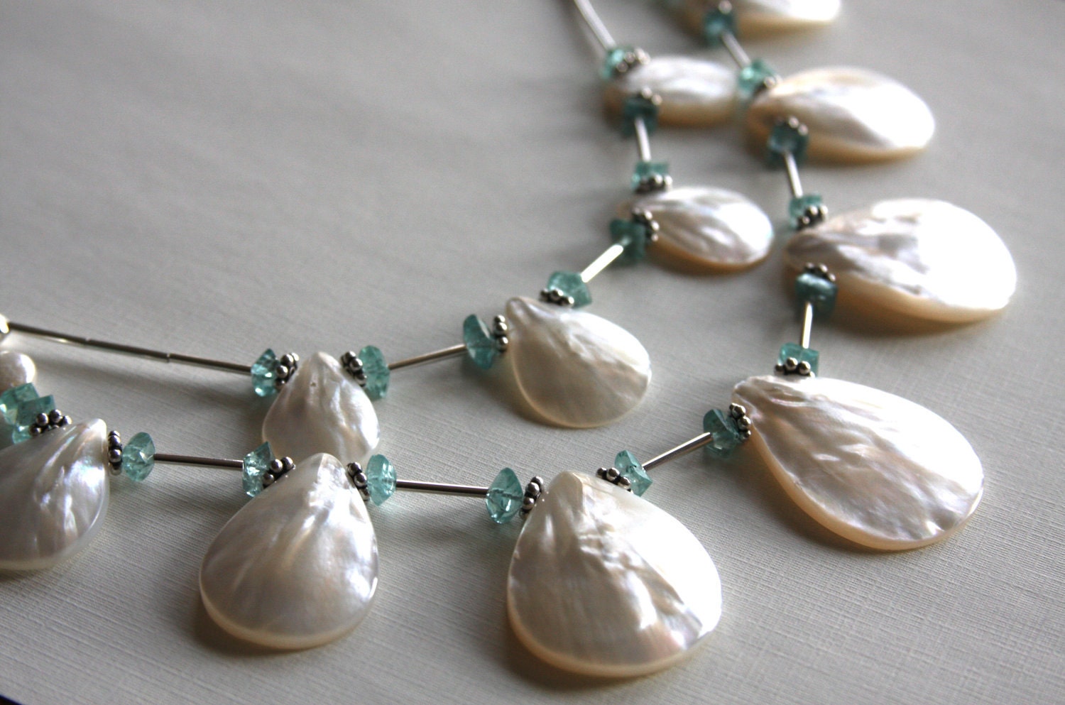 Two strand necklace made of Mother of Pearl, Apatite, and sterling silver - HollyMackDesigns