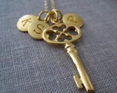 Custom initial necklace Key pendant, 3 initial discs, Family, friendship necklace, keepsake jewelry