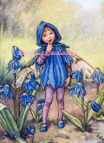 Blue Flower Boy Fairy Reproduction Cotton Fabric Art Print 3.5X5" Applique