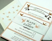 Bird and Banner Wedding Invitation: pink and chocolate brown, or customized colors of your choice