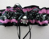 Hot Pink-Fuschia Lace- Black Satin Skull Crossbones Garter-Goth-Pirate-Wench-Bachelorette Party-Maids-Costume