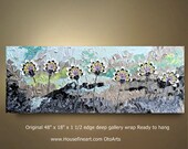 ORIGINAL 48x18 Unique Fan Flower Abstract Painting turquoise tan Floral Impasto Landscape Artwork Textured Modern Contemporary art by OTO