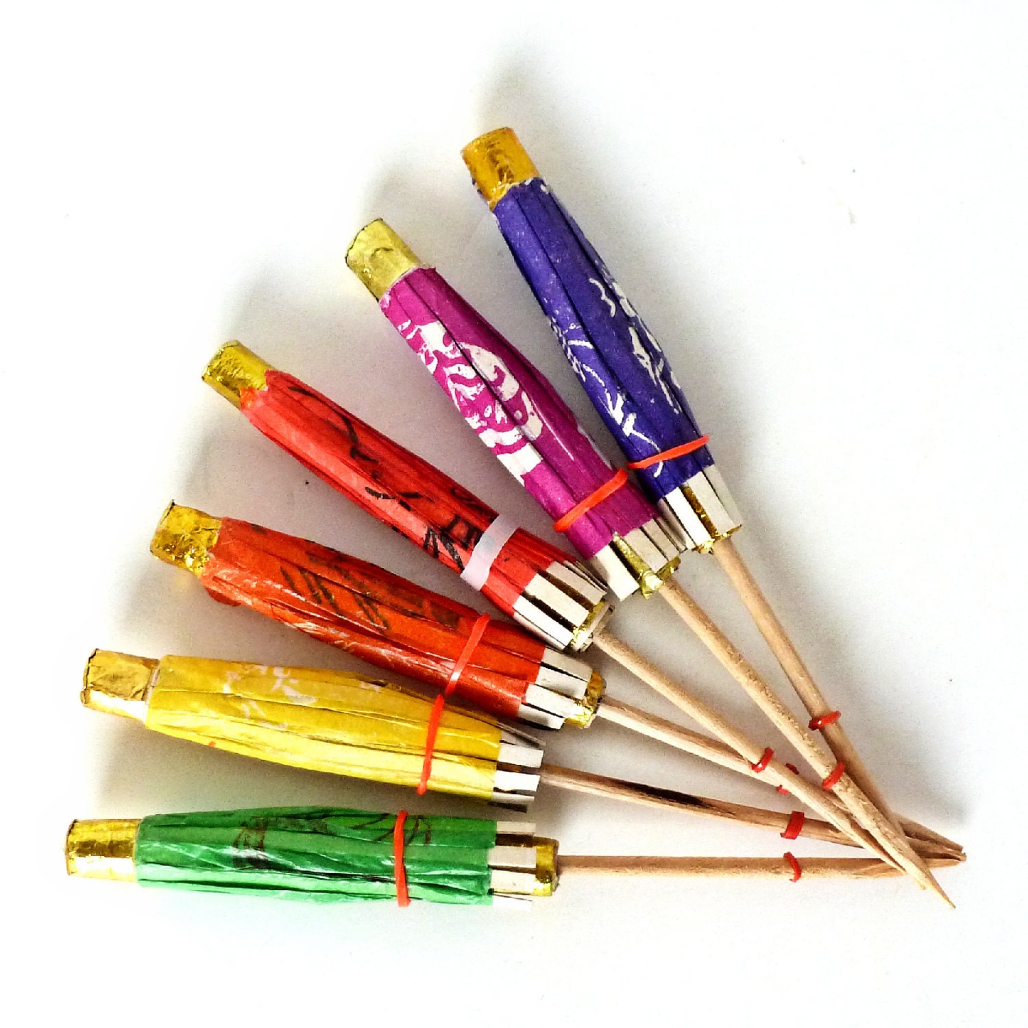 Vintage Chinese Drink Umbrellas - Midcentury Cocktail Party Picks - Miniature Parasols - NOS - Green, Yellow, Orange, Red, Magenta, Purple
