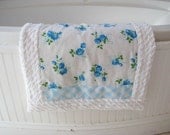 NEW blue roses RUG handmade of VINTAGE fabrics pet quilt chenille bath mat shabby chic cottage