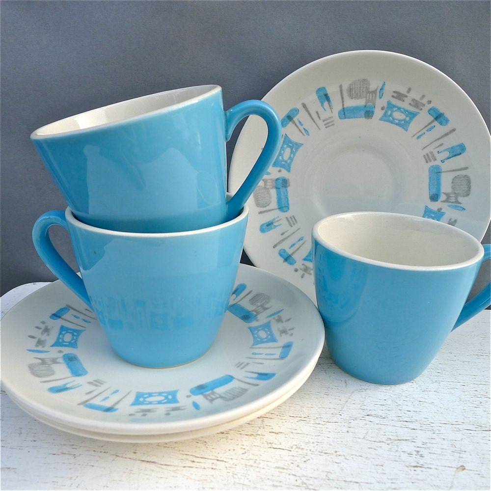 Vintage Blue Heaven Tea Cups and Saucers Set of 3
