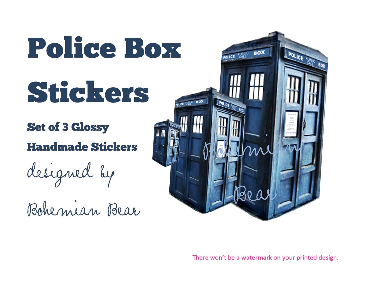 Doctor Who Inspired TARDIS Stickers 3 Handmade Glossy Stickers, Blue Police Box Design by Bohemian Bear.