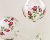 Hand Painted Wine Glasses - Classic Deep Red Rose Buds, Spring Green Leaves - Set of 4 - Nonlead Italian CRYSTAL Custom Order OK