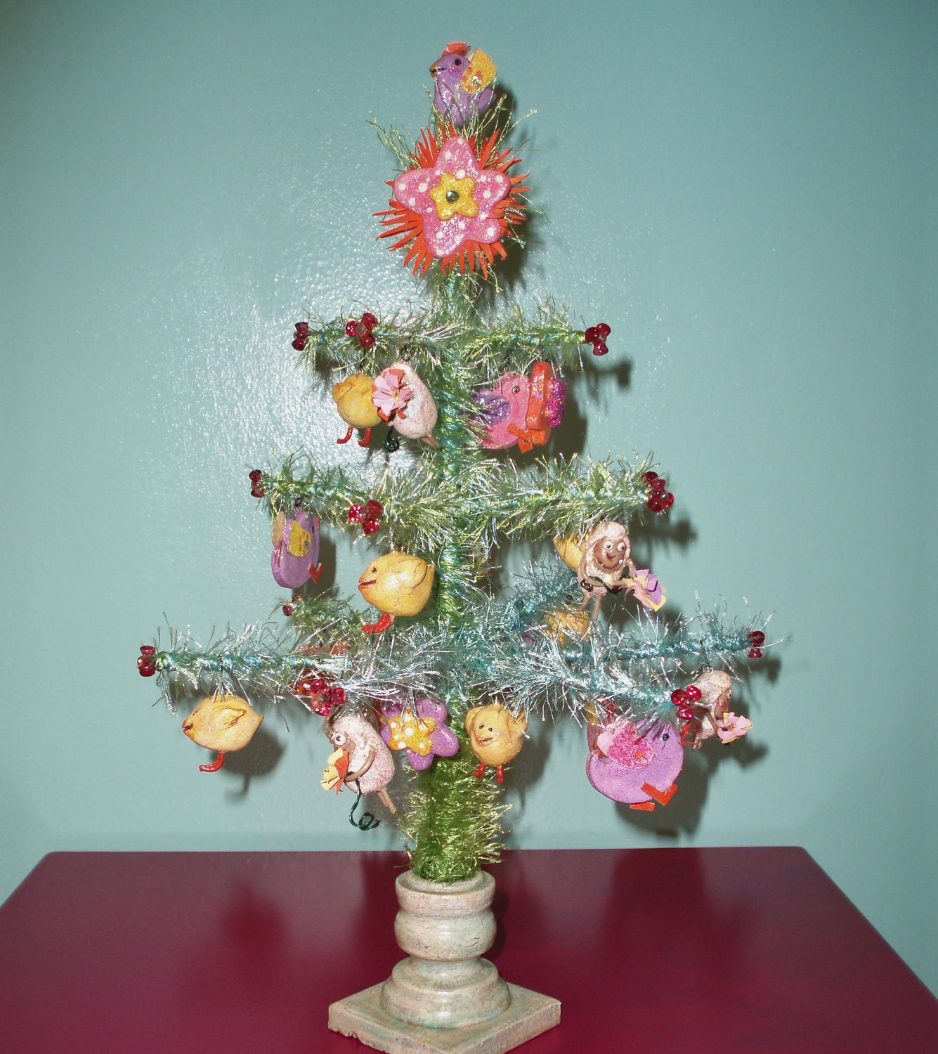 Easter, Spring small tree with lambs, chicks, birds, flowers