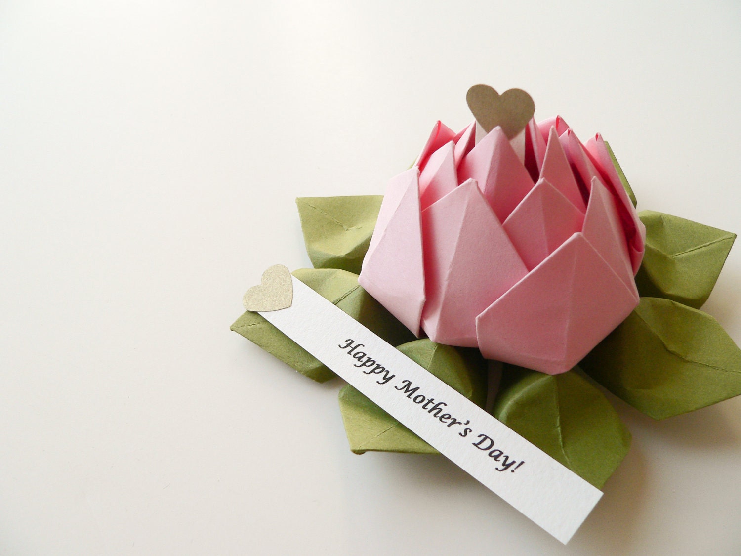 PERSONALIZED Mother's Day Origami Lotus Flower in Blossom Pink and Moss Green with gift box