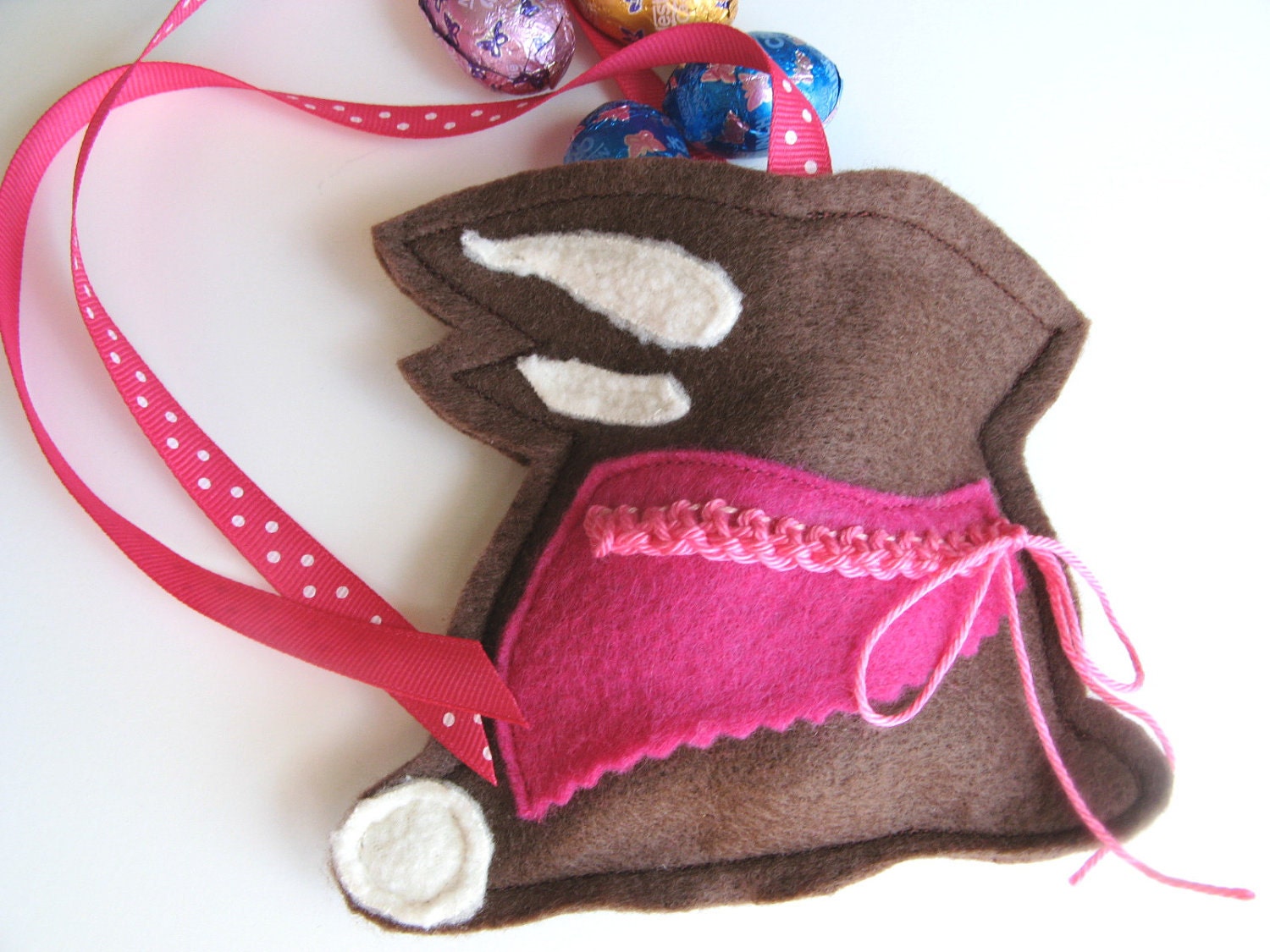 Bunny Gift Bag Rabbit Easter Ornament Felt Embroidery Brown Pink Reusable