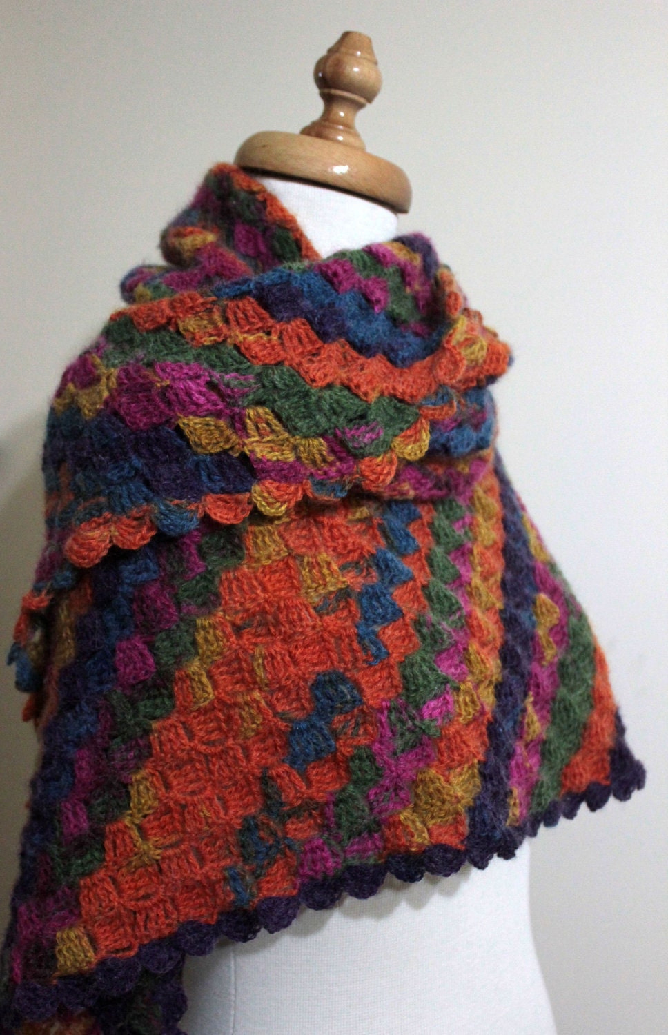 Batik Design Shawl - Colorful Triangle Stole - Beautiful Soft Scarf Modern Gift For Her  / Flower Brooch