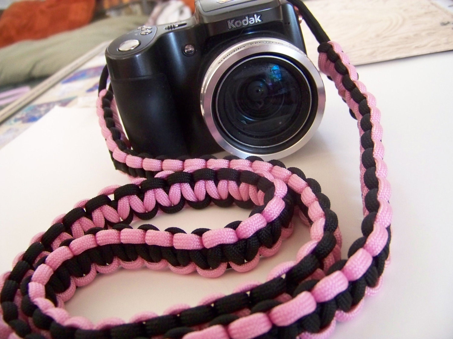 Paracord Camera Strap, Black & Pink 30" Handwoven by RuleNo15 on Etsy. Baby Pink or Hot Pink.
