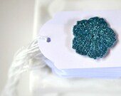 10 Blue Glitter Blossum  Tags Threaded White