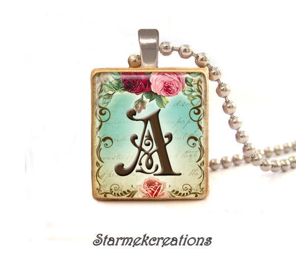 Roses floral letter initial(choose your initial) scrabble tile pendant , scrabble tile jewelry necklace  - Sale  Buy 3 Get 1 free