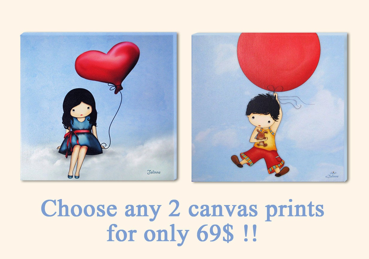 Boy girl room decor, children wall art, brother sister art, blue sky, red balloon, clouds, nursery art - Choose any 2 canvas prints
