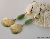 Green eco tagua earrings,  brass hammered teardrop