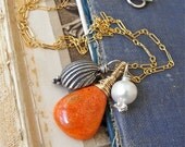Necklace - goldfill, sterling silver, apple coral, freshwater pearl, wire wrapped - Montipora