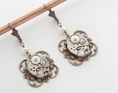 Steampunk Earrings vintage silver watch movements gears gold flower neo victorian genuine pearls Steampunk jewelry by Steampunk Nation 1485