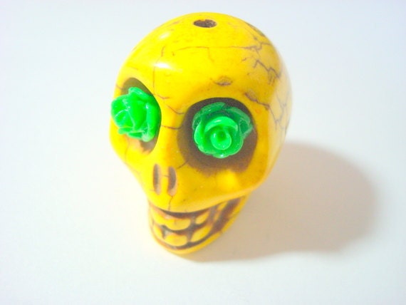 Gigantic Yellow Howlite Skull Bead or Pendant  with Green Roses in Eyes