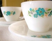 Fire king floral cup and saucer set of two milk glass