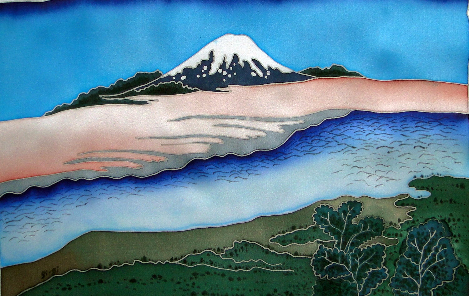 Painting on Pure Silk - RIVER - Cold batik. Japanese landscape. MADE to order - SilkNPaper
