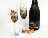 Hand Painted FINE CRYSTAL Champagne Flutes Set of 2 - Metallic Gold, Ebony Roses Glasses - Wedding 50th Anniversary Mothers Day