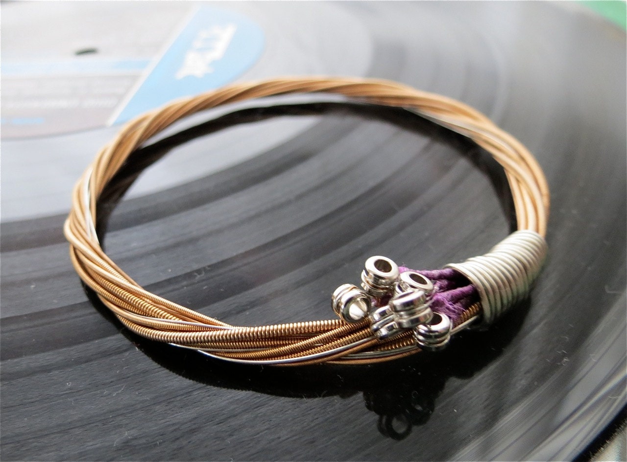 RARE Recycled Acoustic Guitar String Bracelet bronze colored with brass ball ends attached Mens or Womens MEDIUM free shipping to US