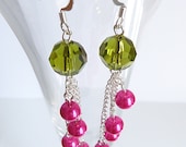 Swarovski Crystal and Simulated Pearl Dangle Earrings in Hot Pink and Green