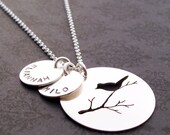 Mama Bird Nest and Two Little Eggs - Mother Bird on Branch Pendant with Two Children's Names - Personalized Sterling Silver by EWD