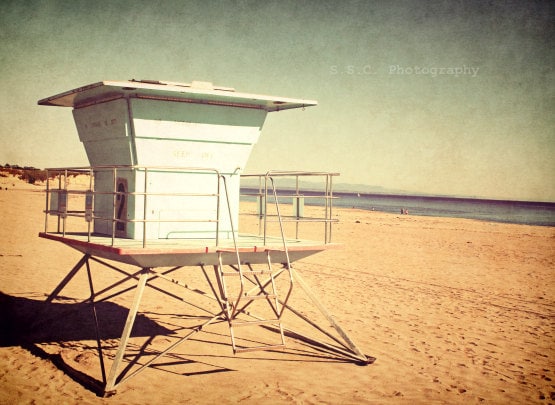 Beach Photo. "Off Season". 8.5x11inch Photo. Lifeguard tower. Blue. Tan. Warm. Ocean. Sand. Vintage. Texture. Surfer. Santa Cruz. California