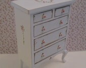 Shabby Chic  tall  Chest of drawers, ,  distressed white with rose bouquets,  Twelfth scale dollhouse miniature