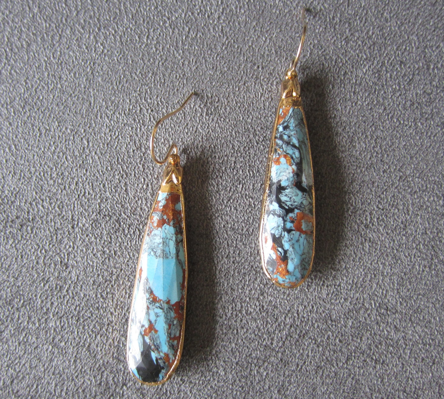 Blue and Tan Agate Drop Gold Earrings