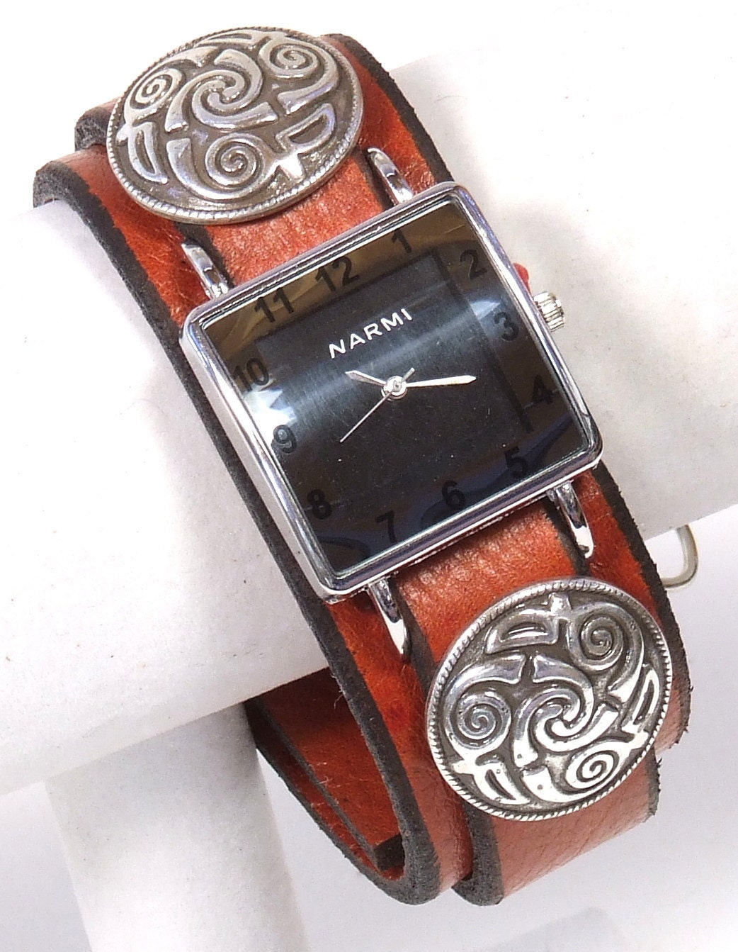 Rustic Red Leather Cuff Watch with celtic swirl embellishment