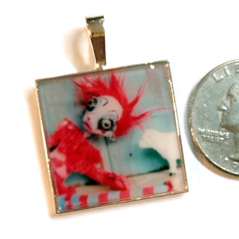 Carnival Art Pendant Necklace. Cute little twisted doll wearable art Mini Photo Print, red hair blue Stripes, strange outsider folk OOAK