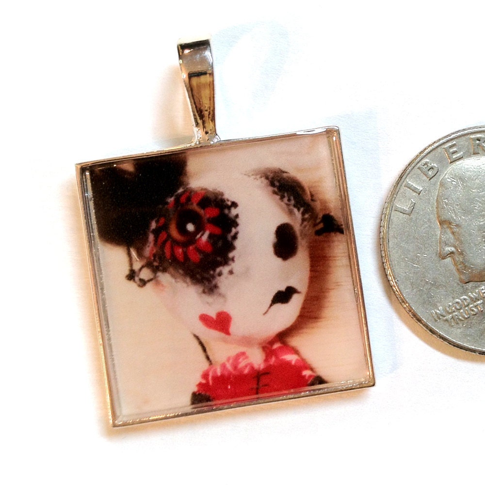 Carnival Art Pendant Necklace. Cute little twisted doll wearable art Mini Photo Print, red black white sepia, strange outsider folk OOAK