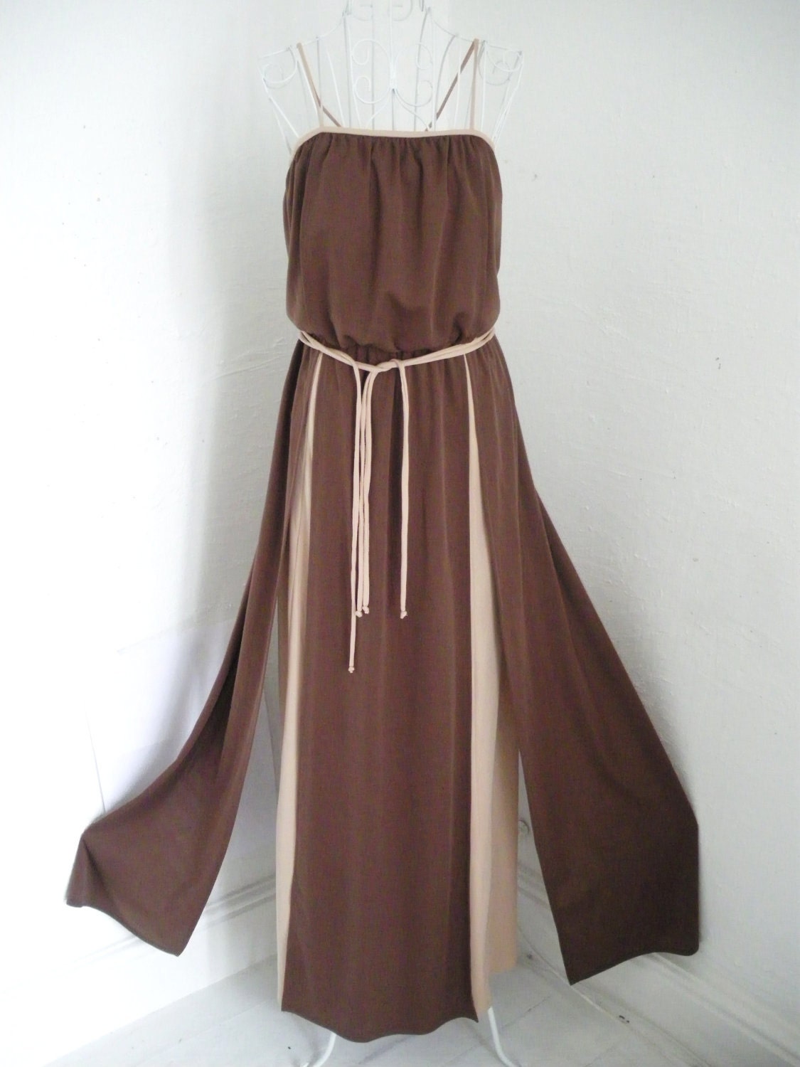Vintage 1970s 70s Grecian goddess Studio 54 disco pleated tail maxi long dress 10 12