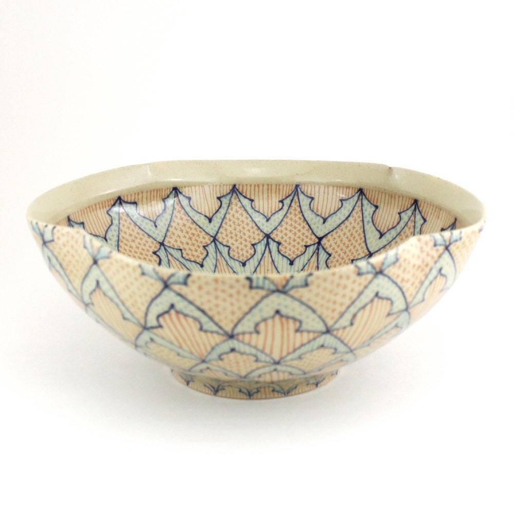 Ceramic Serving Bowl - Salad Bowl with Navy, Salmon and Turquoise Pattern - dawndishawceramics