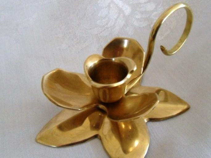 Antique Brass Floral Candlestick. Hollywood Regency. India Chamberstick with Handle. Flower Petal Design. - owlsongvintage