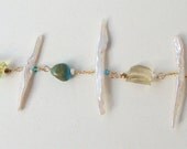 Feminine bracelet with wire wrapped Natural gemstones and Biwa Fresh Water Pearls with crystals and toggle closer